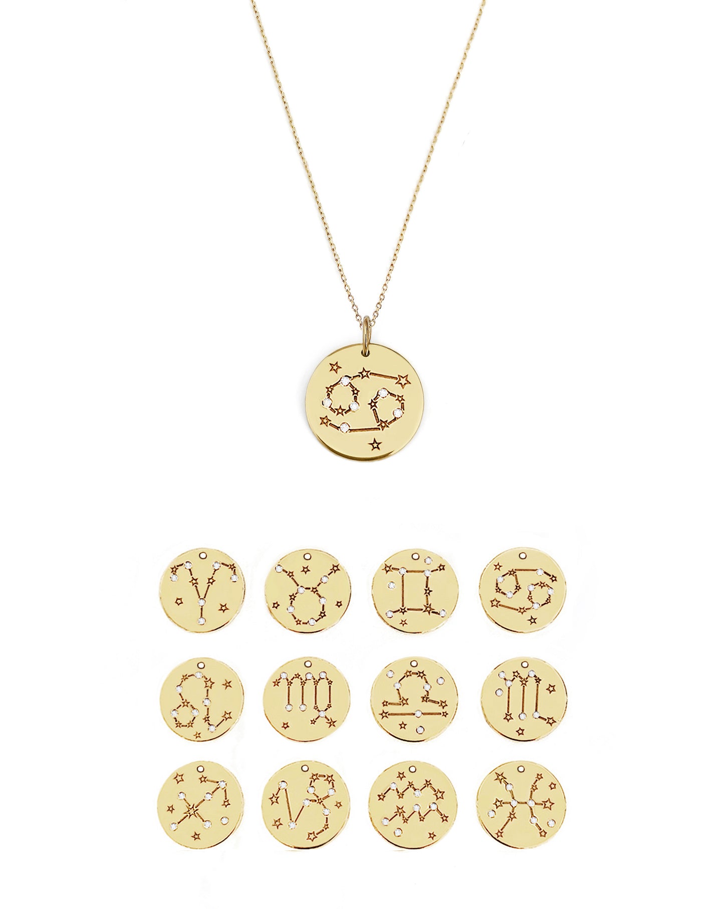 solid yellow gold 14mm disc pendants engraved with the twelve zodiac signs and each pendant is set with six tiny diamonds