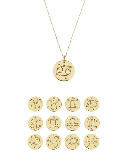 solid yellow gold 14mm disc pendants engraved with the twelve zodiac signs and each pendant is set with six tiny diamonds