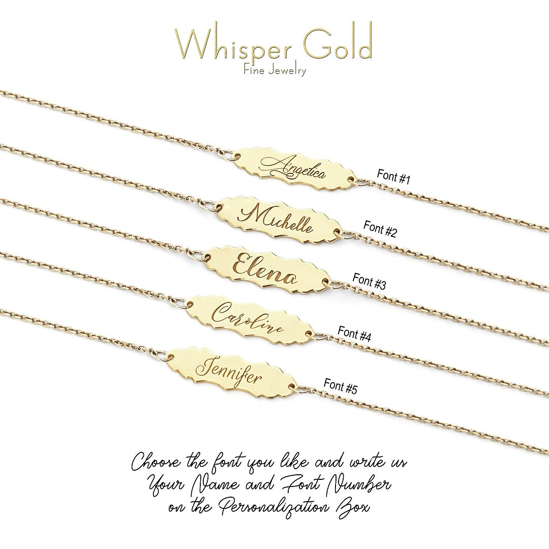 solid yellow gold bracelets with a vintage baroque inspired bar engraved with names in 5 different fonts