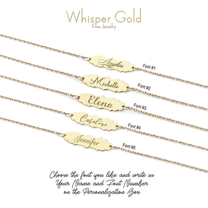 solid yellow gold bracelets with a vintage baroque inspired bar engraved with names in 5 different fonts