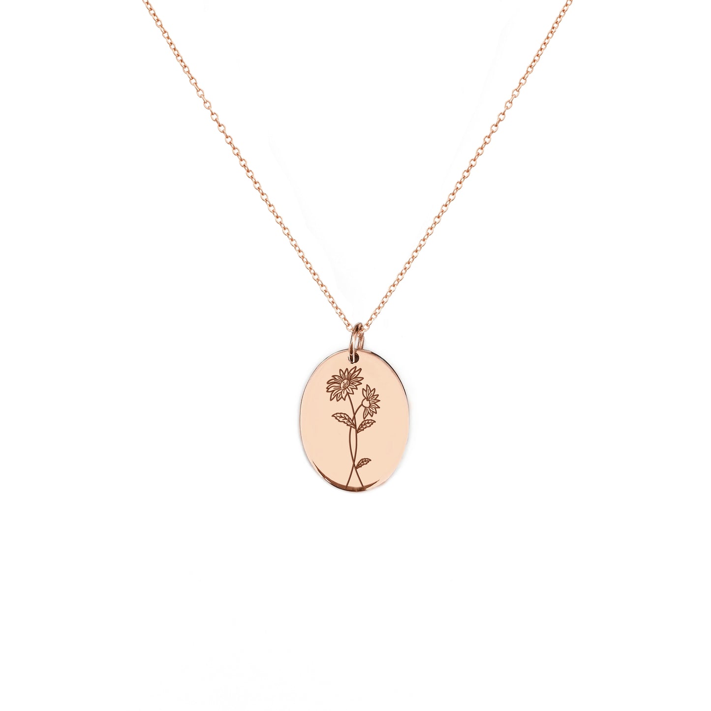 solid rose gold oval pendant necklace engraved with Aster birth flower of September 