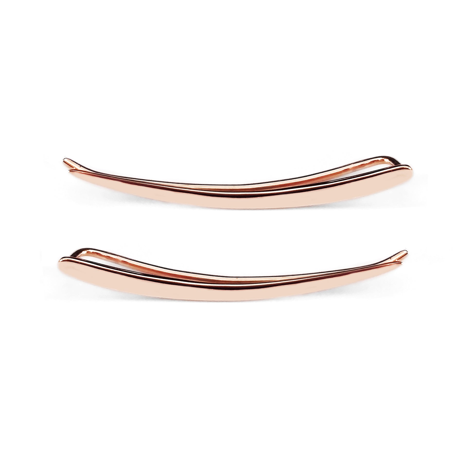solid rose gold pair of climber earrings 30mm length with smooth polished finish