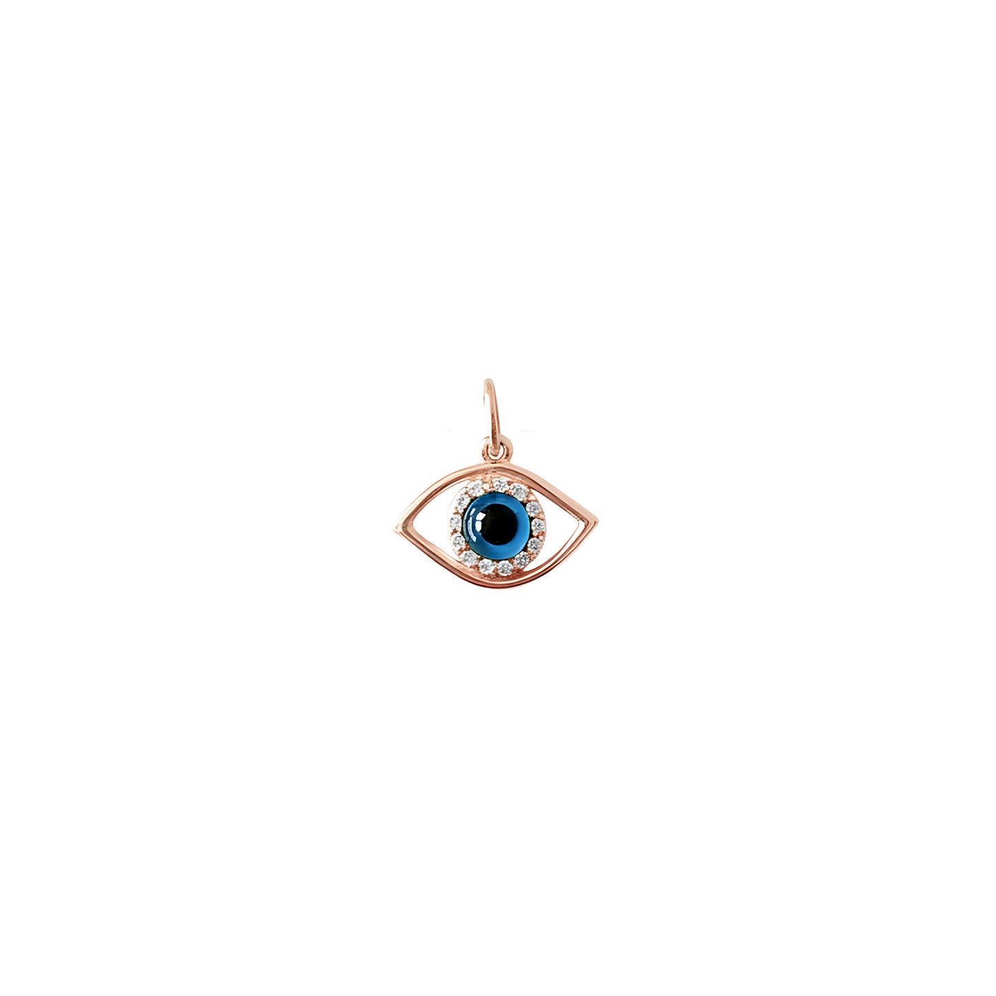 Rose gold eye-shaped pendant with a blue iris in the center surrounded by white diamonds on a white background