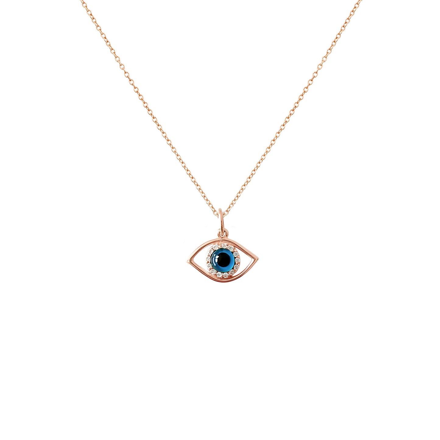 Rose gold necklace with an evil eye pendant set with diamonds on a white background