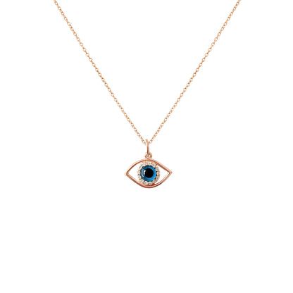 Rose gold necklace with an evil eye pendant set with diamonds on a white background