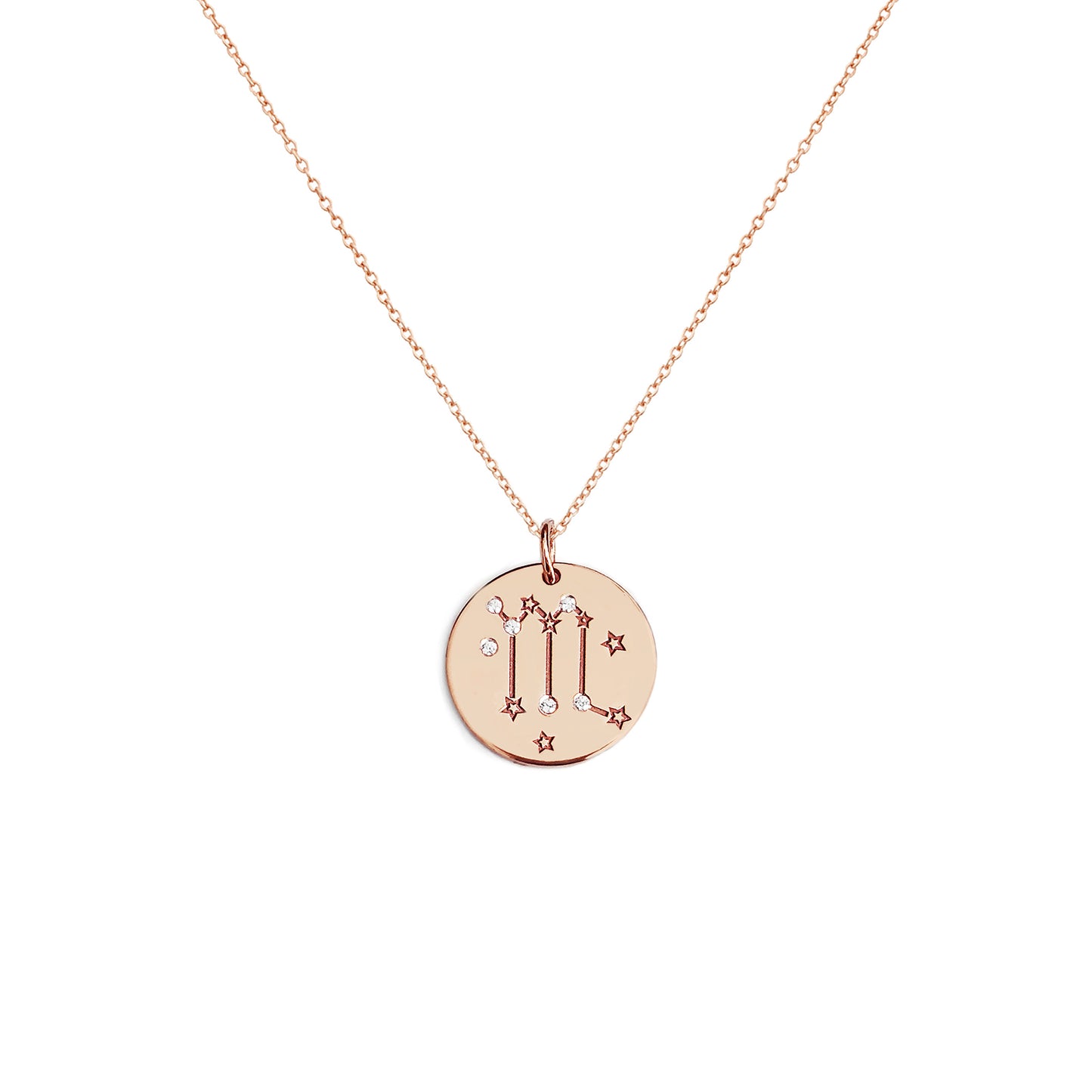 solid rose gold necklace with a 14mm disc pendant engraved with a zodiac sign and set with six tiny diamonds