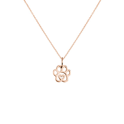 solid rose gold necklace with a tiny dog paw print pendant with a heart in the center
