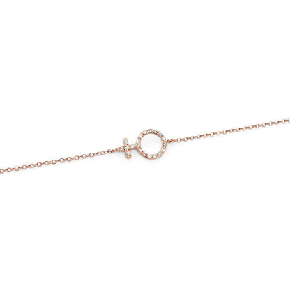 solid rose gold bracelet with a venus female symbol charm set with tiny diamonds