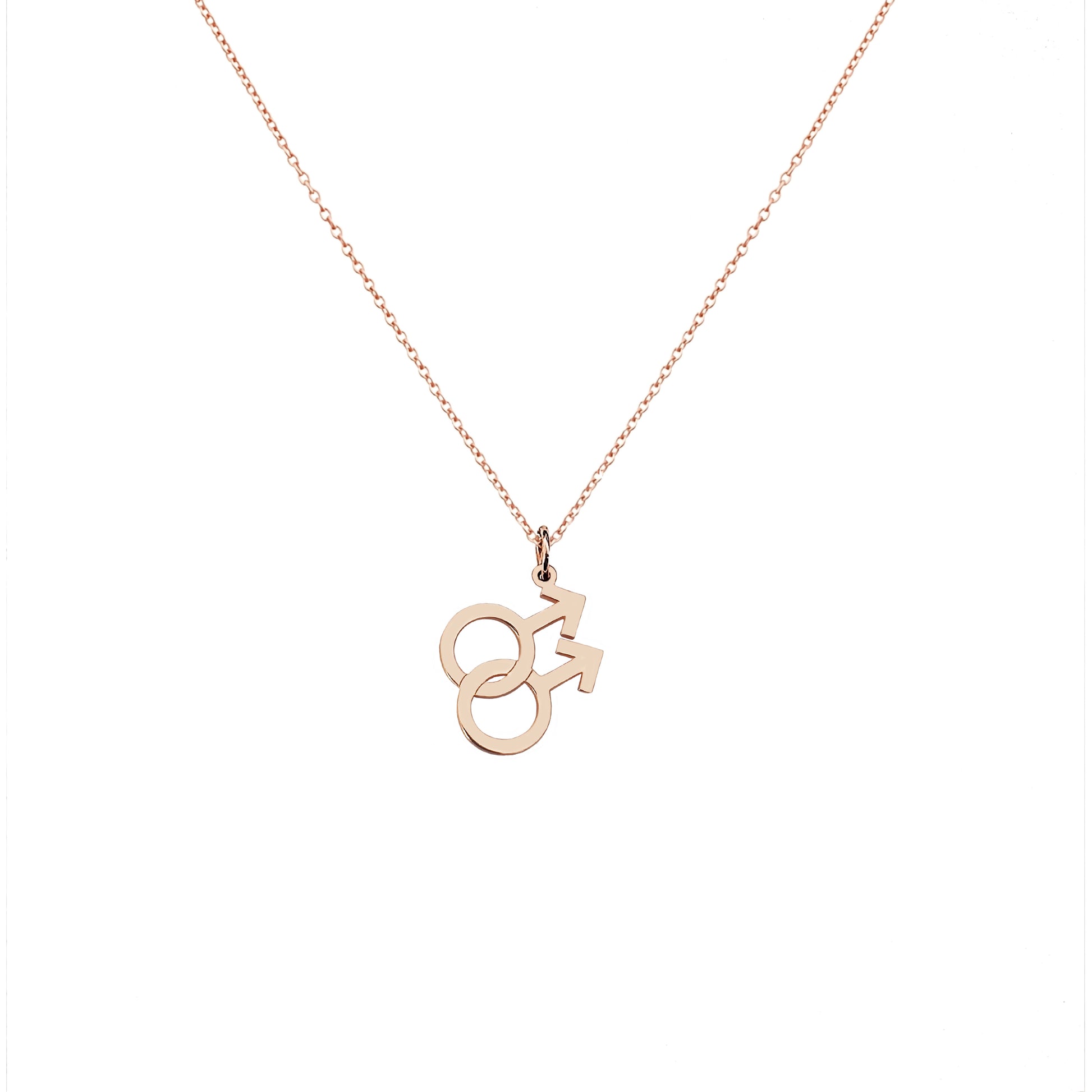 Solid rose gold necklace with a small double mars gay symbol pendant on a white background