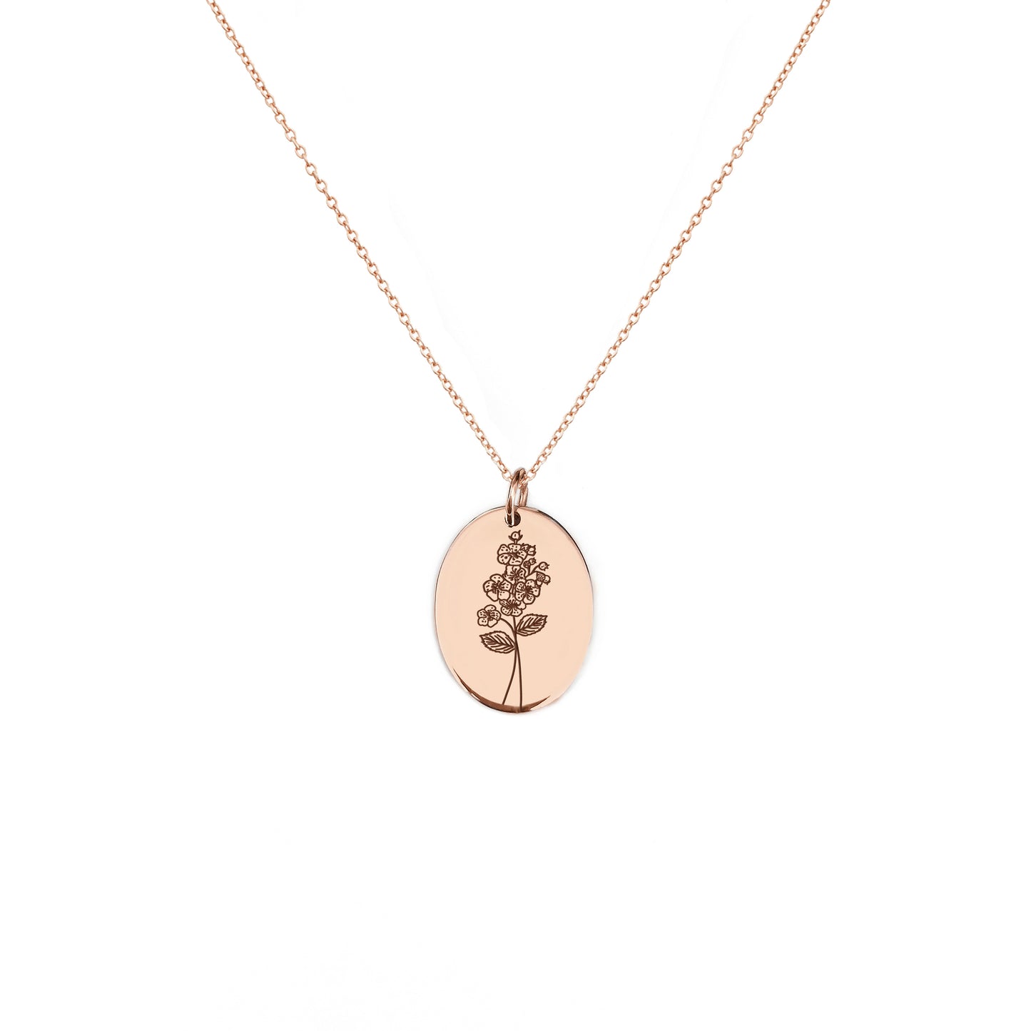 solid rose gold oval pendant necklace engraved with the birth flower of May Hawthorn