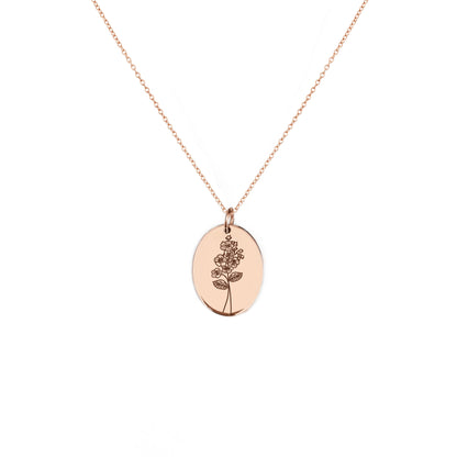 solid rose gold oval pendant necklace engraved with the birth flower of May Hawthorn