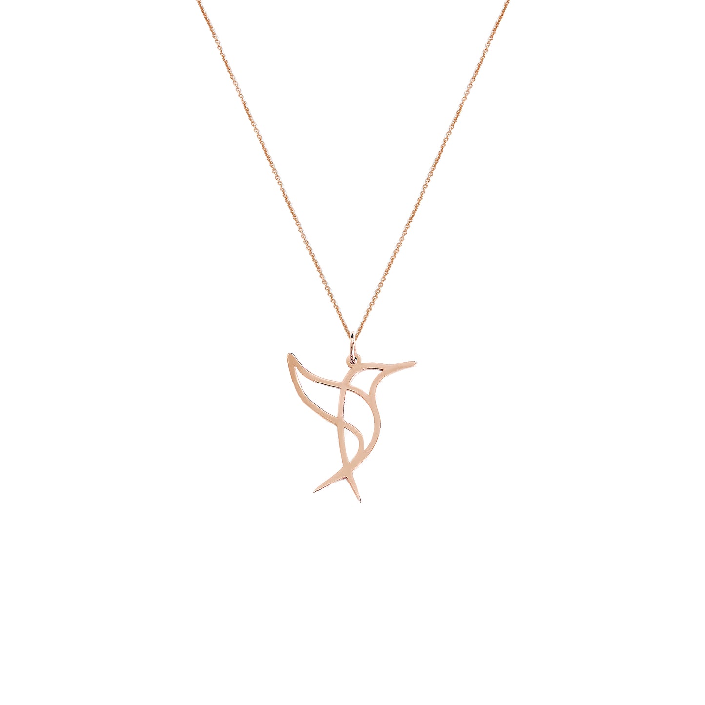 Solid rose gold necklace with a cutout origami style pendant in the shape of a hummingbird