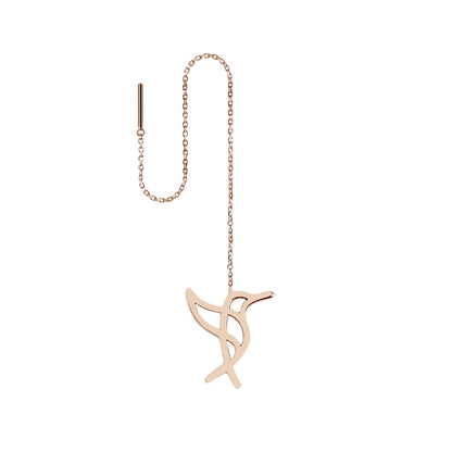 Solid rose gold hummingbird single threader earring on a white background