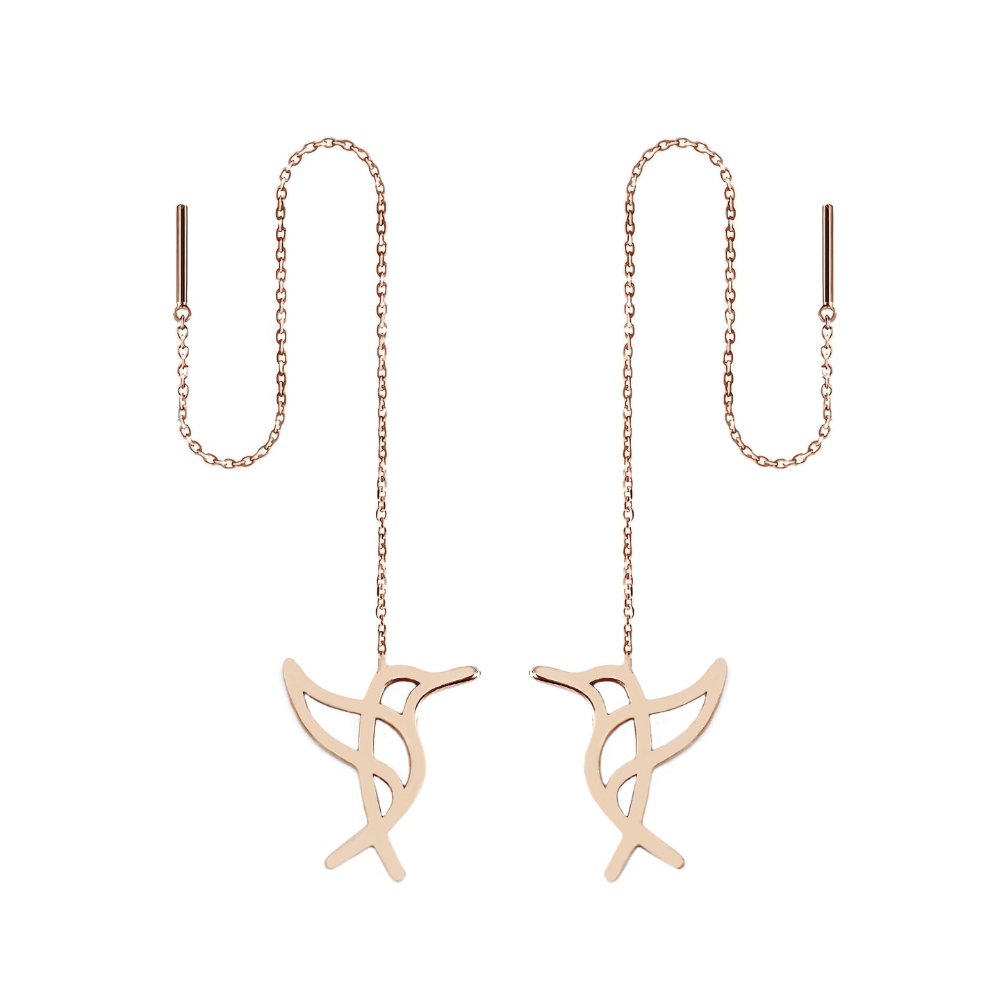 Solid rose gold hummingbird threader earrings on a white background