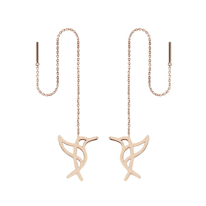 Solid rose gold hummingbird threader earrings on a white background