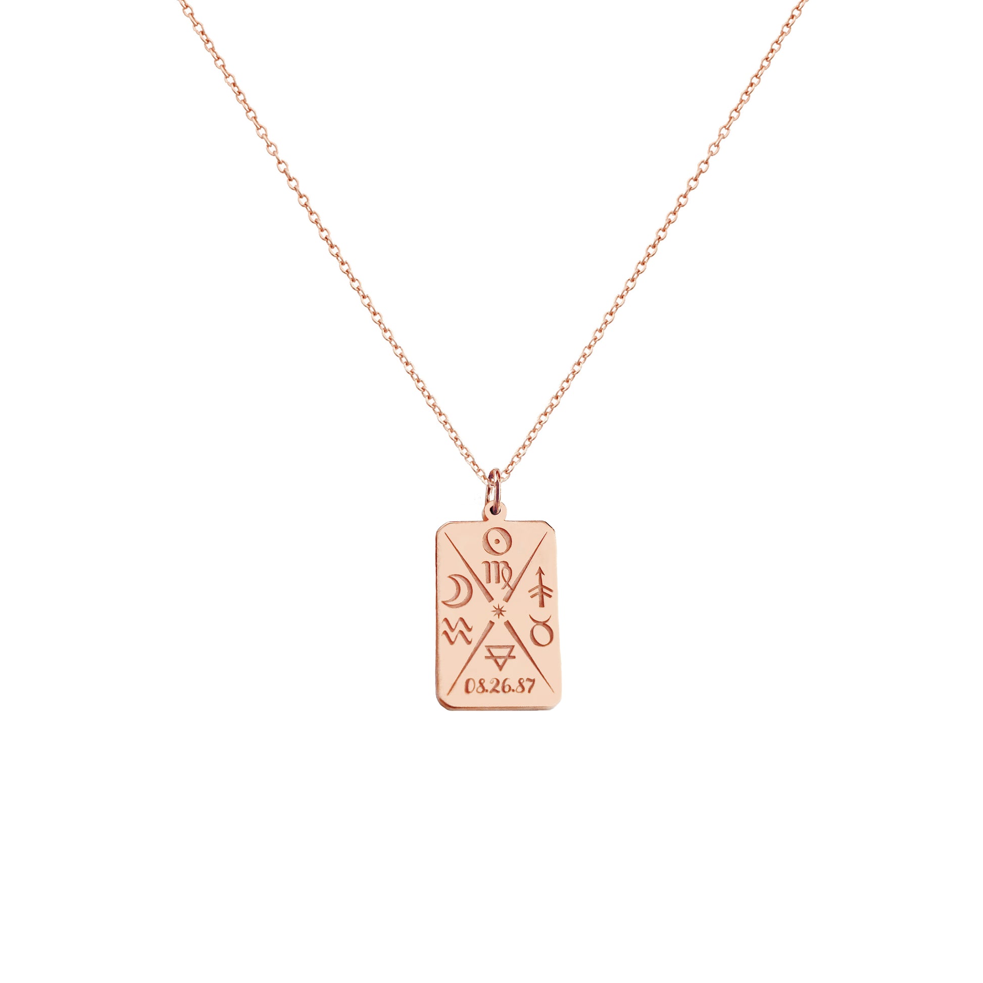 solid rose gold octagon pendant necklace personalized with natal chart zodiac signs of the sun the moon and ascendant, a birth date and an alchemy element