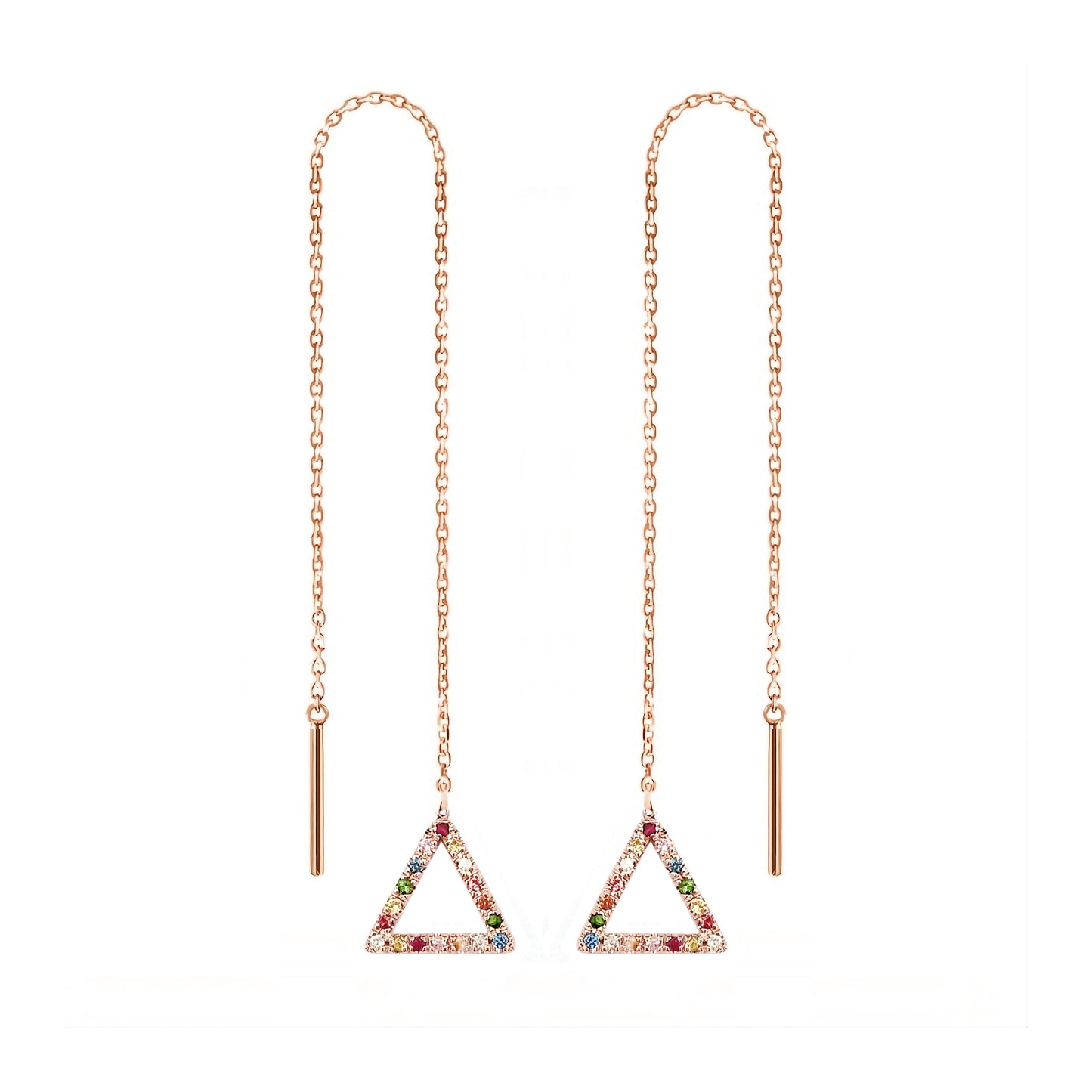 a pair of solid rose gold threader earrings with a small triangle at the end set with rainbow sapphires