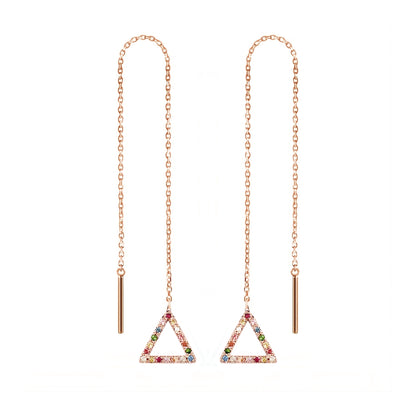 a pair of solid rose gold threader earrings with a small triangle at the end set with rainbow sapphires