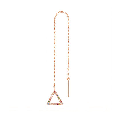 solid rose gold single threader earring with a small triangle at the end set with rainbow sapphires