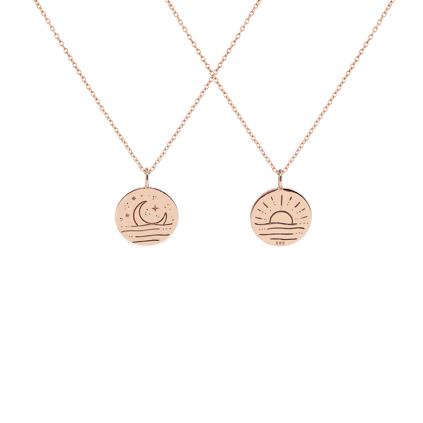 solid rose gold necklace with reversible pendant engraved with a moon on one side and a sun on the other side 