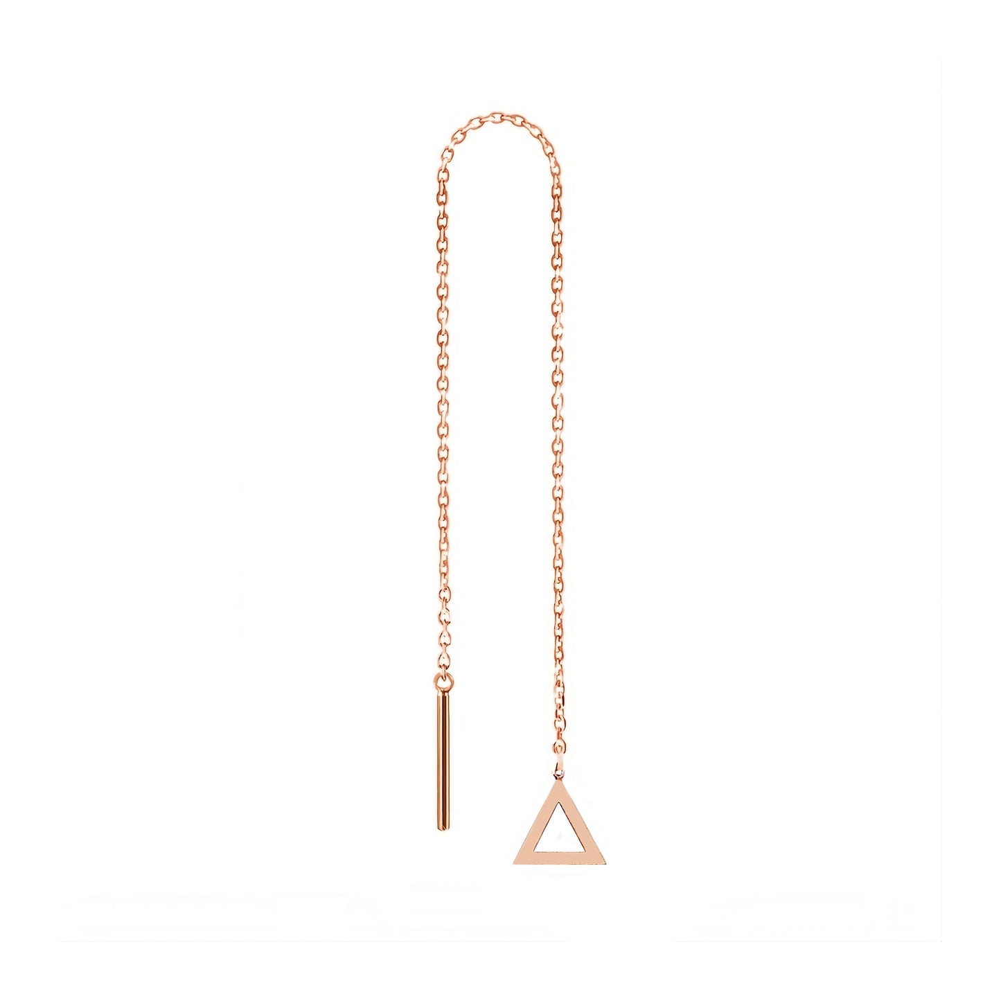 solid rose gold single threader pull through earring with tiny triangle