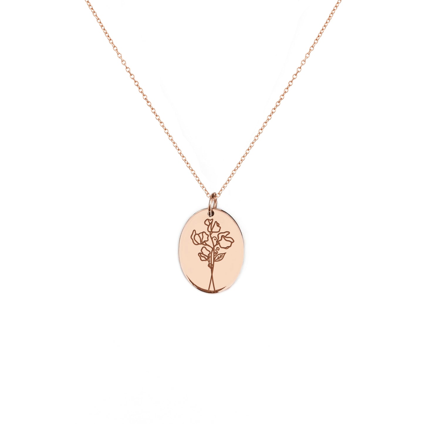 solid rose gold oval pendant necklace engraved with the birth flower of April Sweet Pea