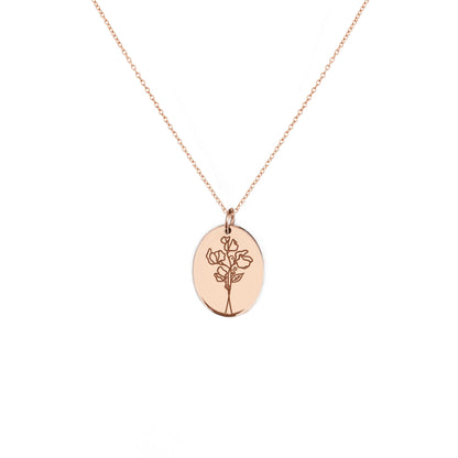 solid rose gold oval pendant necklace engraved with the birth flower of April Sweet Pea