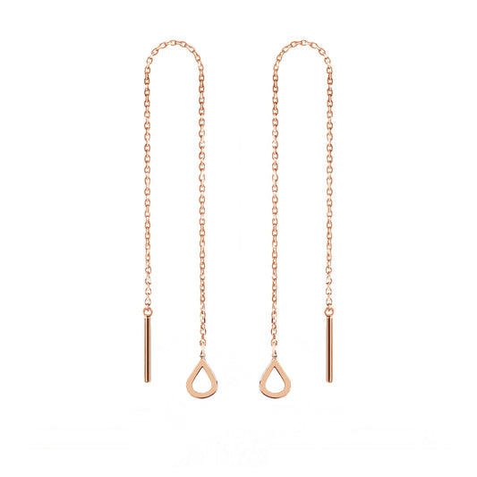 pair of solid rose gold threader pull through earrings with tiny teardrops
