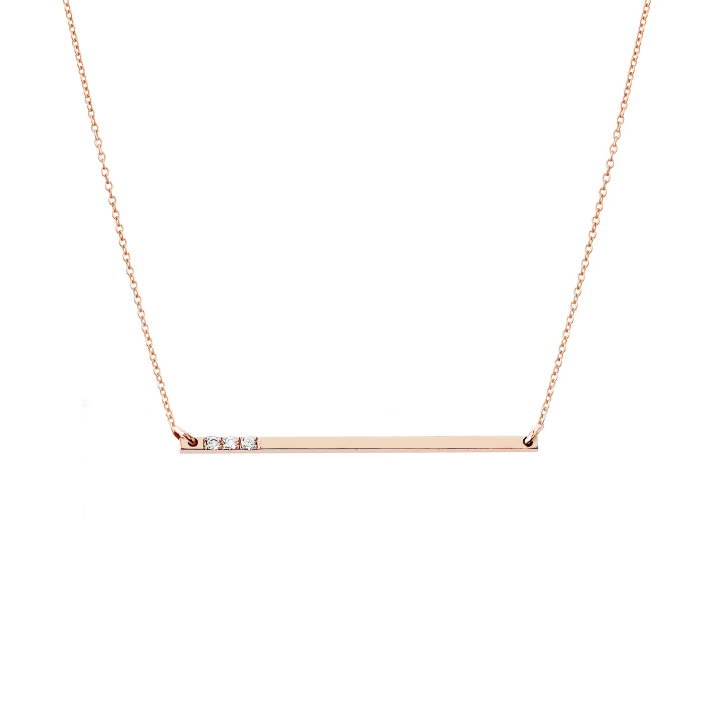 solid rose gold thin bar necklace set with three tiny white diamonds