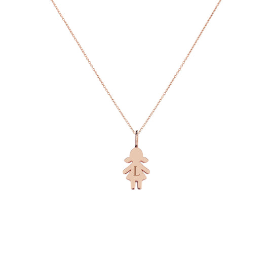 solid rose gold necklace with tiny girl outline charm engraved with a monogram