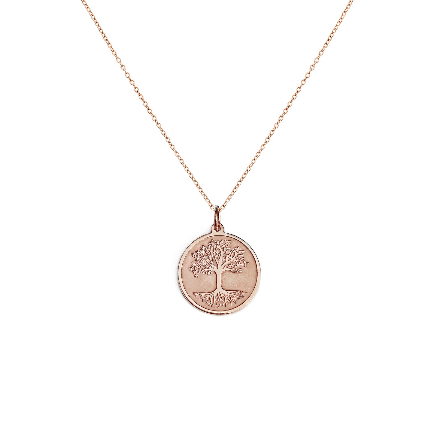 solid rose gold necklace with a 14mm disc pendant engraved with a Tree of Life