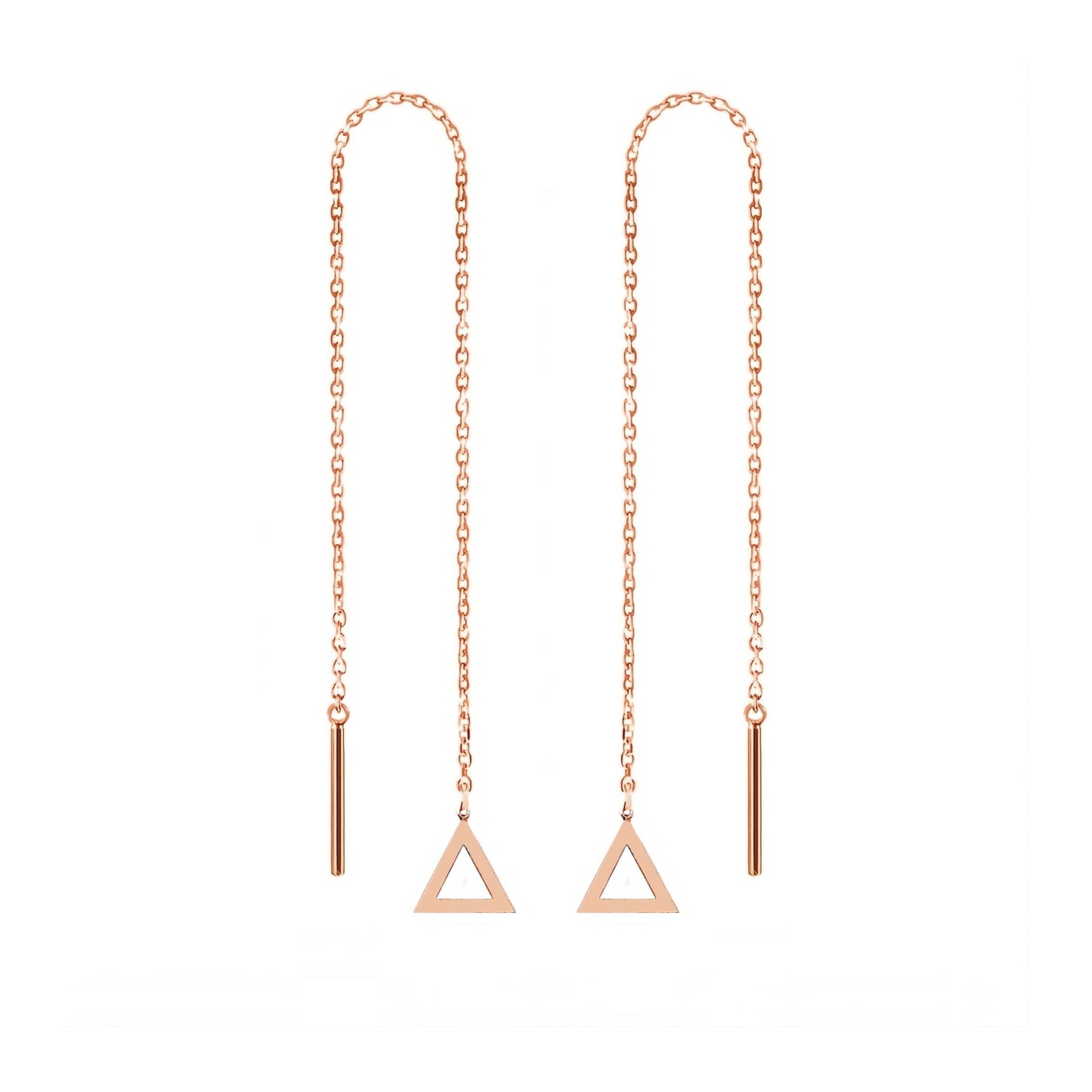 pair of solid rose gold threader pull through earrings with tiny triangles