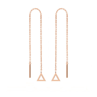 pair of solid rose gold threader pull through earrings with tiny triangles