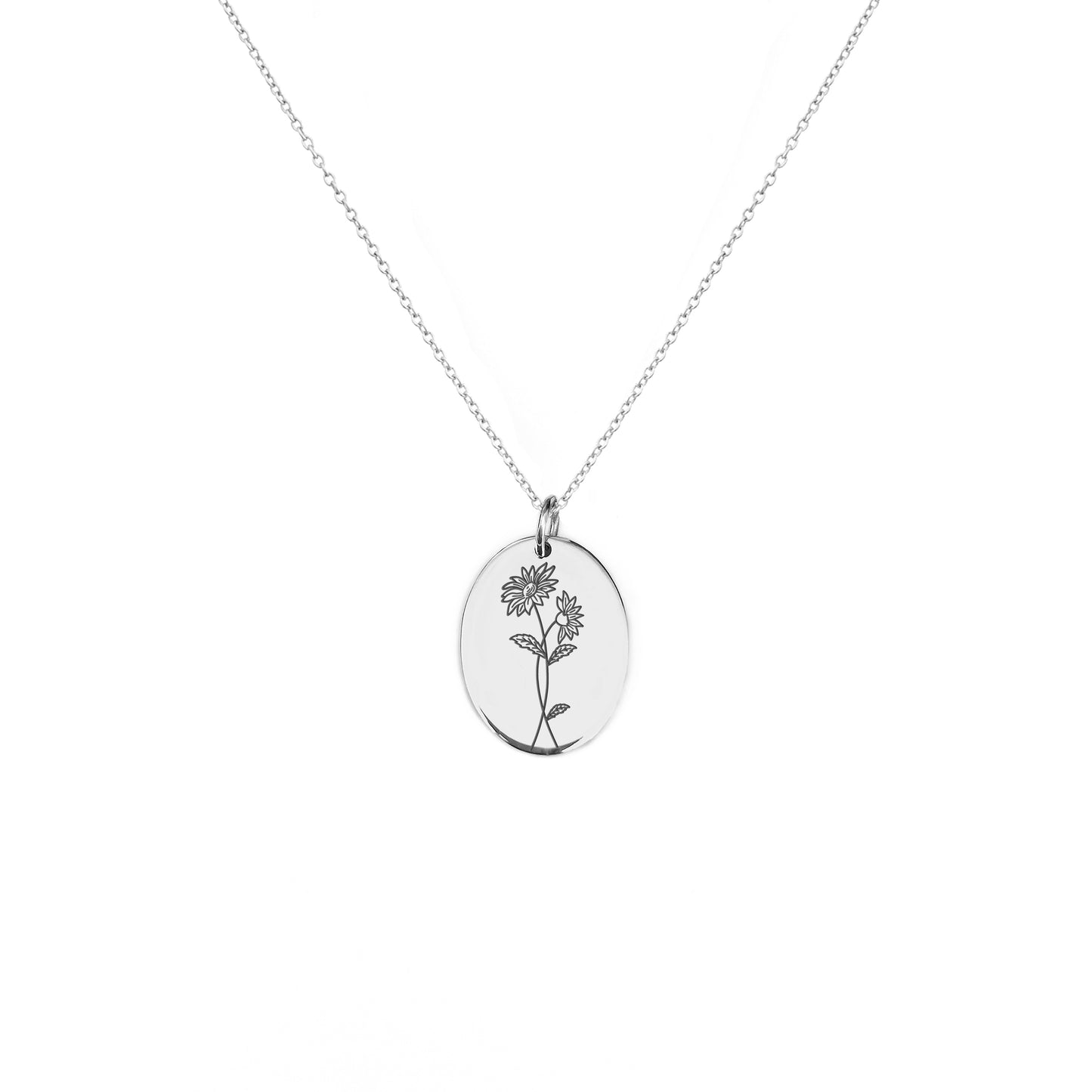 solid white gold oval pendant necklace engraved with Aster birth flower of September 