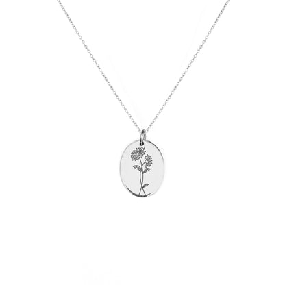 solid white gold oval pendant necklace engraved with Aster birth flower of September 