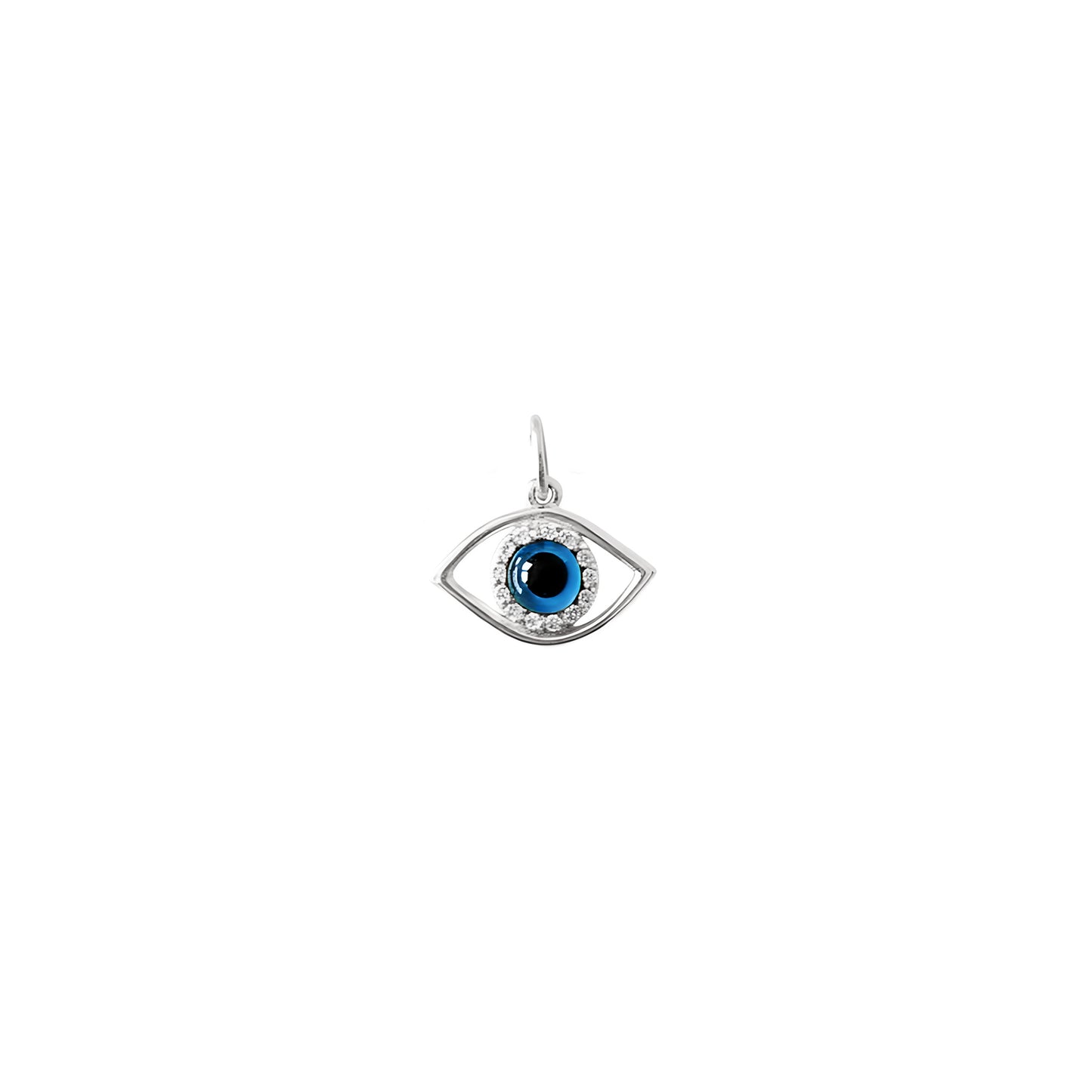 White gold eye-shaped pendant with a blue iris in the center surrounded by white diamonds on a white background