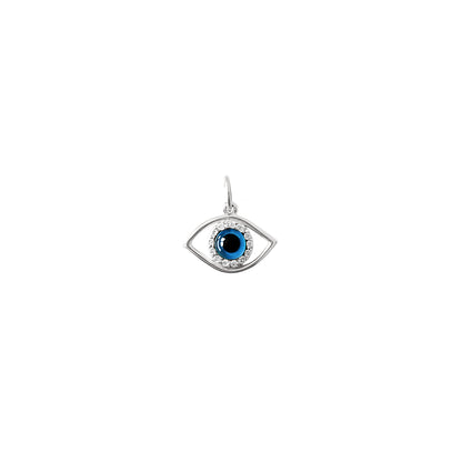 White gold eye-shaped pendant with a blue iris in the center surrounded by white diamonds on a white background