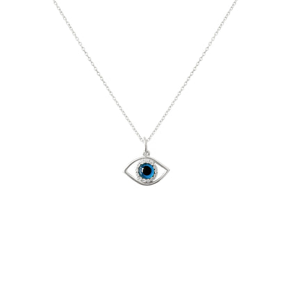 White gold necklace with an evil eye pendant set with diamonds on a white background