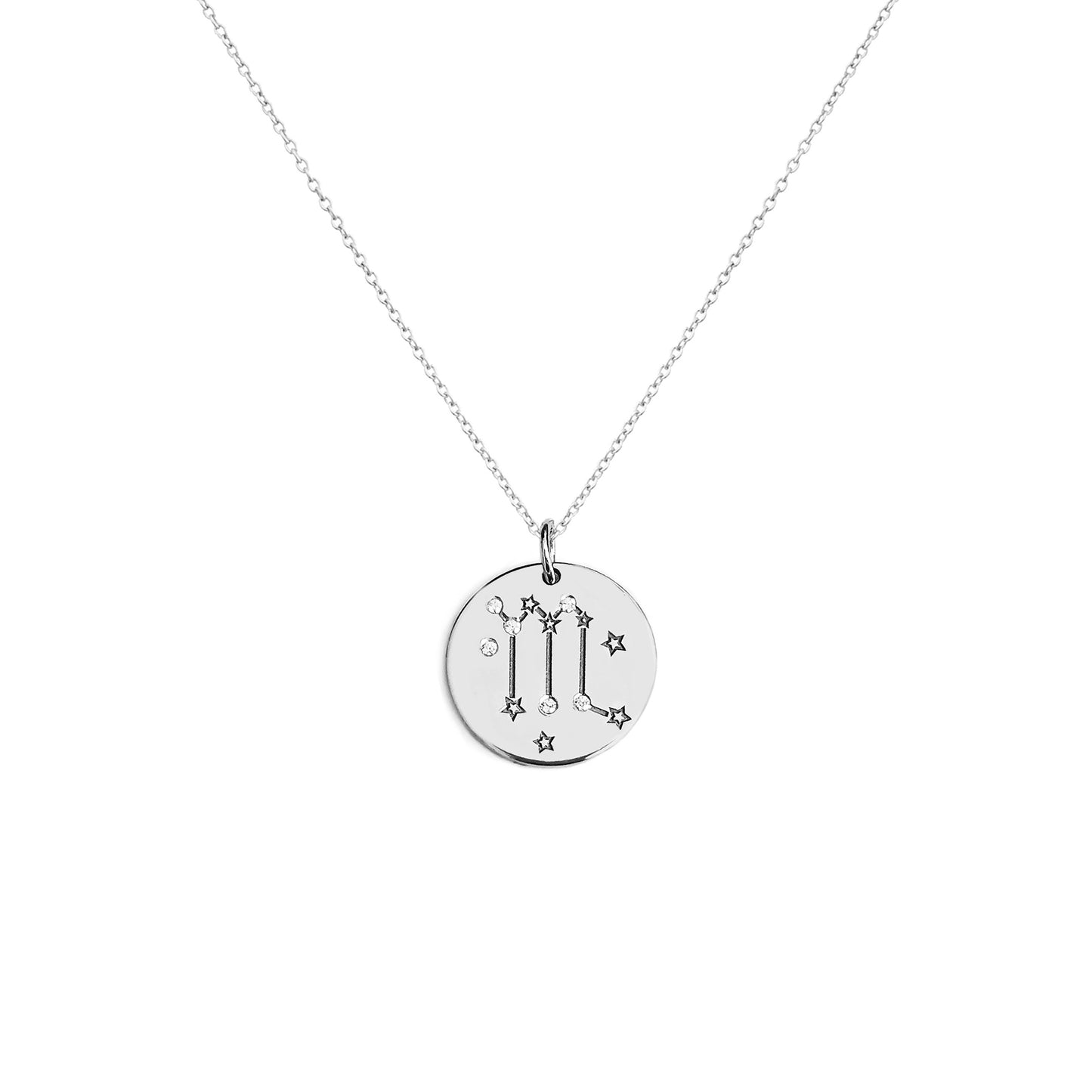solid white gold necklace with a 14mm disc pendant engraved with a zodiac sign and set with six tiny diamonds