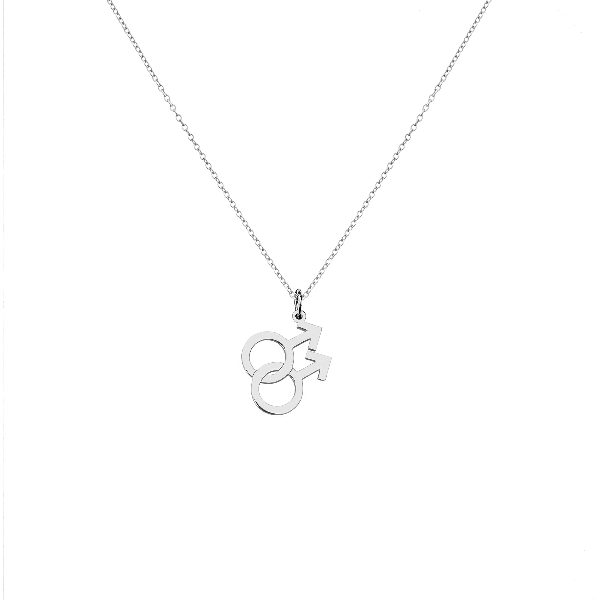Solid white gold necklace with a small double mars gay symbol pendant on a white background