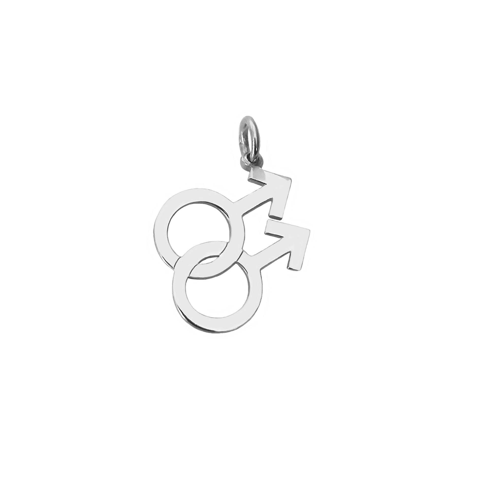 Small solid white gold double mars gay symbol pendant on a white background