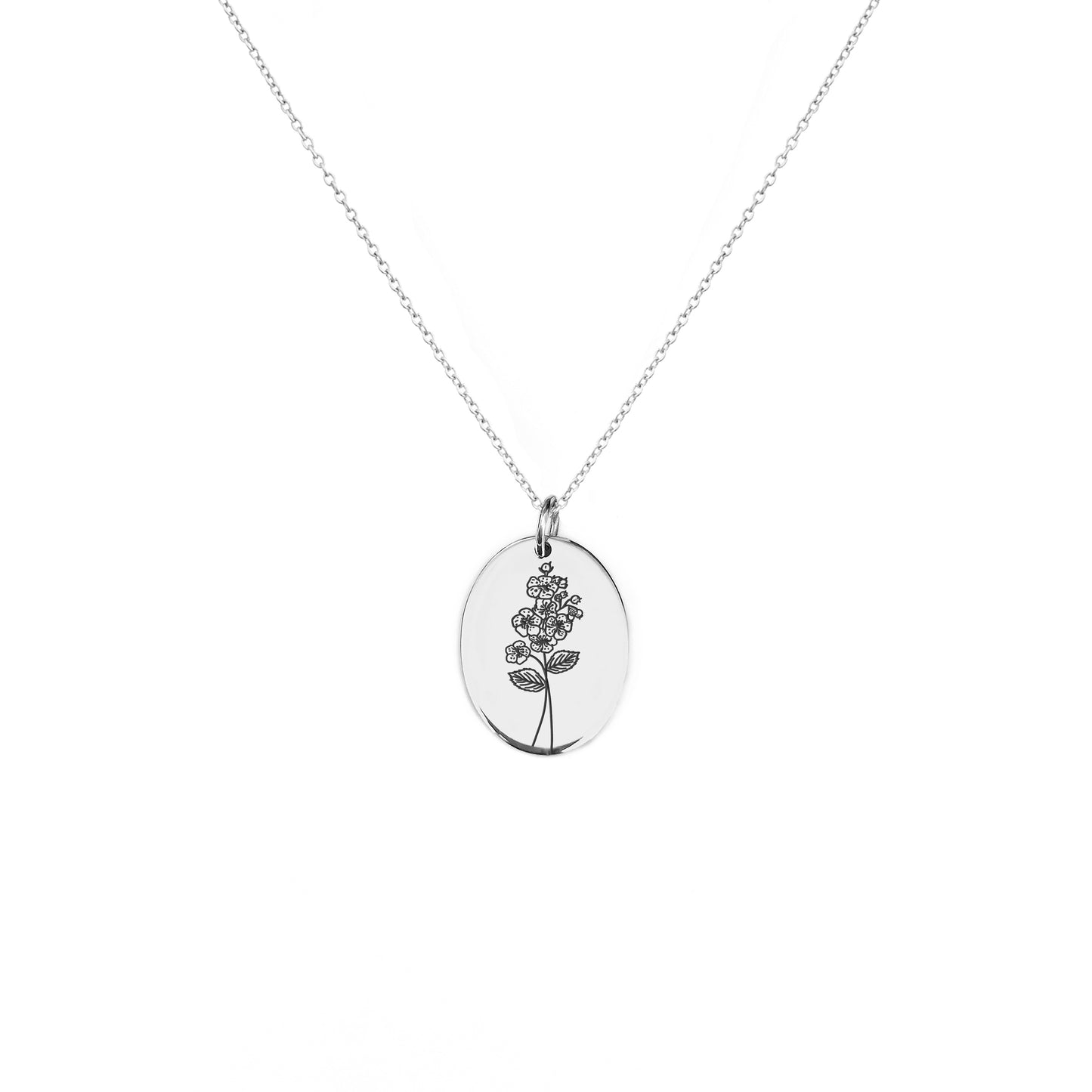 solid white gold oval pendant necklace engraved with the birth flower of May Hawthorn