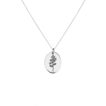 solid white gold oval pendant necklace engraved with the birth flower of May Hawthorn