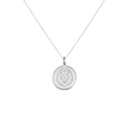 solid white gold disc pendant necklace engraved with a lion head and a circle frame around it