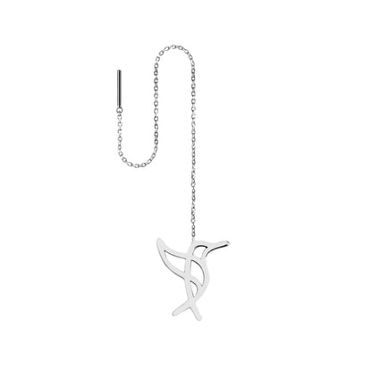 Solid white gold hummingbird single threader earring on a white background