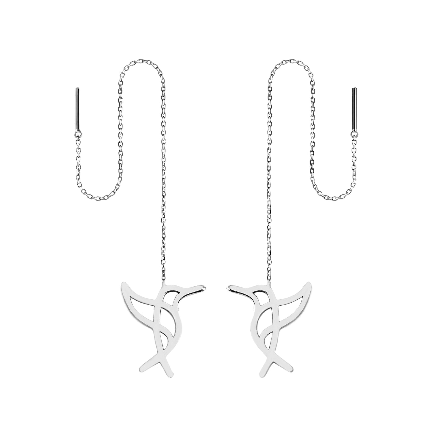 Solid white gold hummingbird threader earrings on a white background