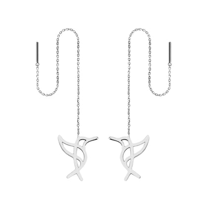 Solid white gold hummingbird threader earrings on a white background