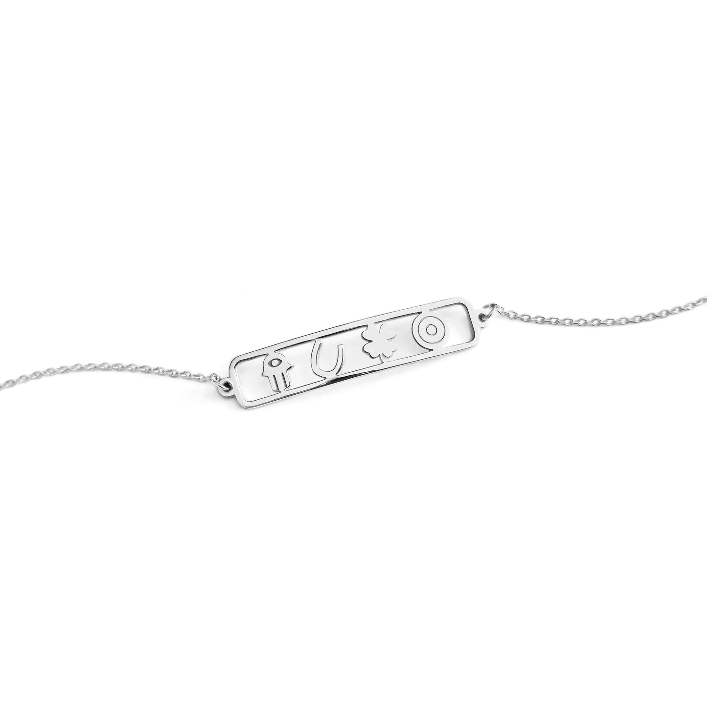 open bar bracelet with four lucky charms, a hamsa, a horseshoe, a clover and an evil eye made in solid white gold