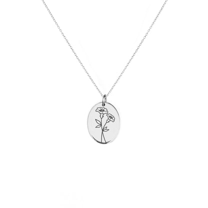 solid white gold oval pendant necklace engraved with the birth flower of September Morning Glory
