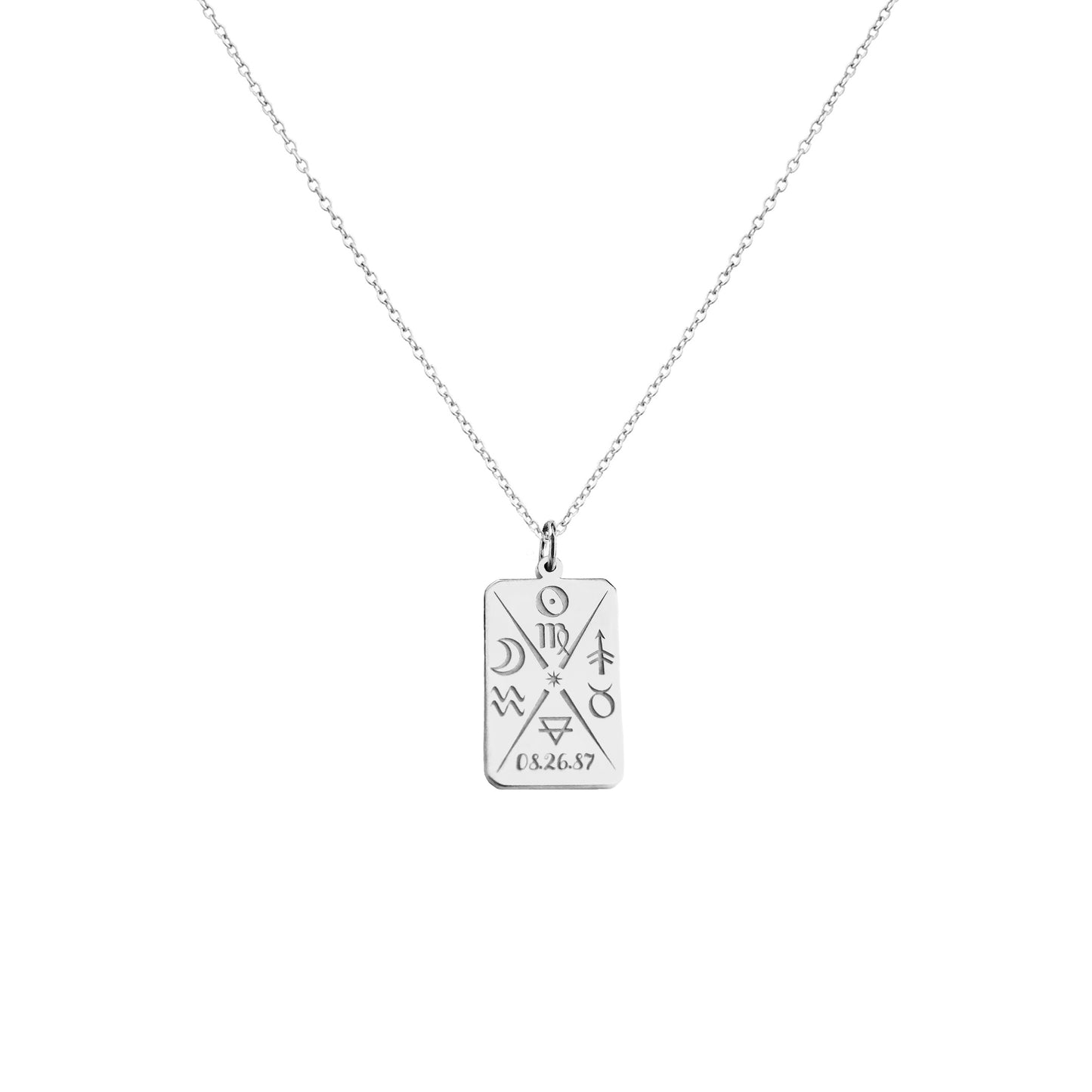 solid white gold octagon pendant necklace personalized with natal chart zodiac signs of the sun the moon and ascendant, a birth date and an alchemy element